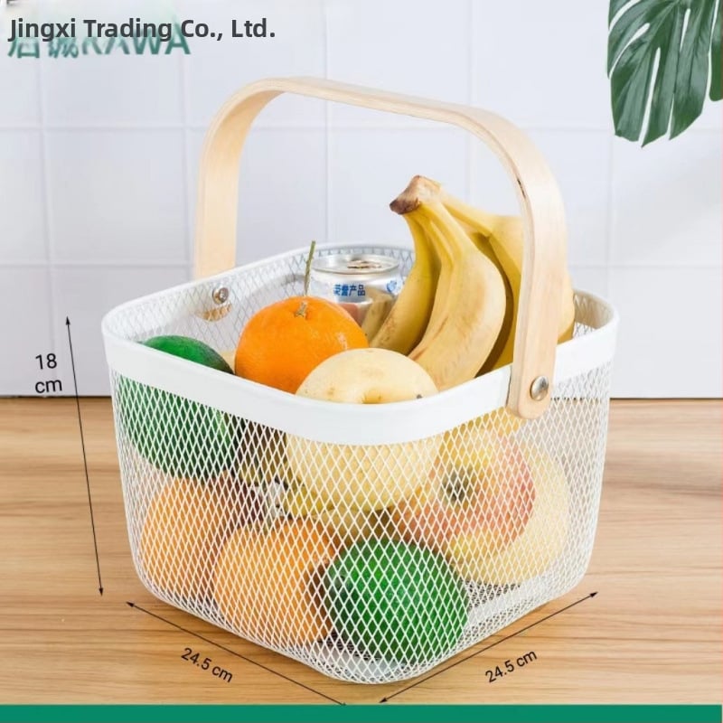 Καλάθι φρούτων και λαχανικών από σίδηρο και ξύλο, τετράγωνο μοντέλο (μεγάλο/μεσαίο), μοντέρνο μινιμαλιστικό στυλ