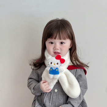 Παιδικό βελούδινο κασκόλ με μοτίβο γάτας σε στυλ καρτούν, μονοχρωμικός σχεδιασμός, σατέν υφή, μεσαίο μήκος