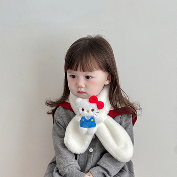 Παιδικό βελούδινο κασκόλ με μοτίβο γάτας σε στυλ καρτούν, μονοχρωμικός σχεδιασμός, σατέν υφή, μεσαίο μήκος