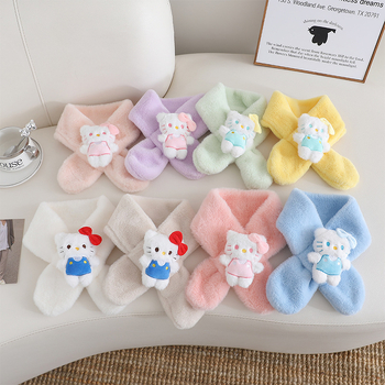 Παιδικό βελούδινο κασκόλ με μοτίβο γάτας σε στυλ καρτούν, μονοχρωμικός σχεδιασμός, σατέν υφή, μεσαίο μήκος