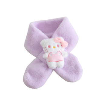 Παιδικό βελούδινο κασκόλ με μοτίβο γάτας σε στυλ καρτούν, μονοχρωμικός σχεδιασμός, σατέν υφή, μεσαίο μήκος