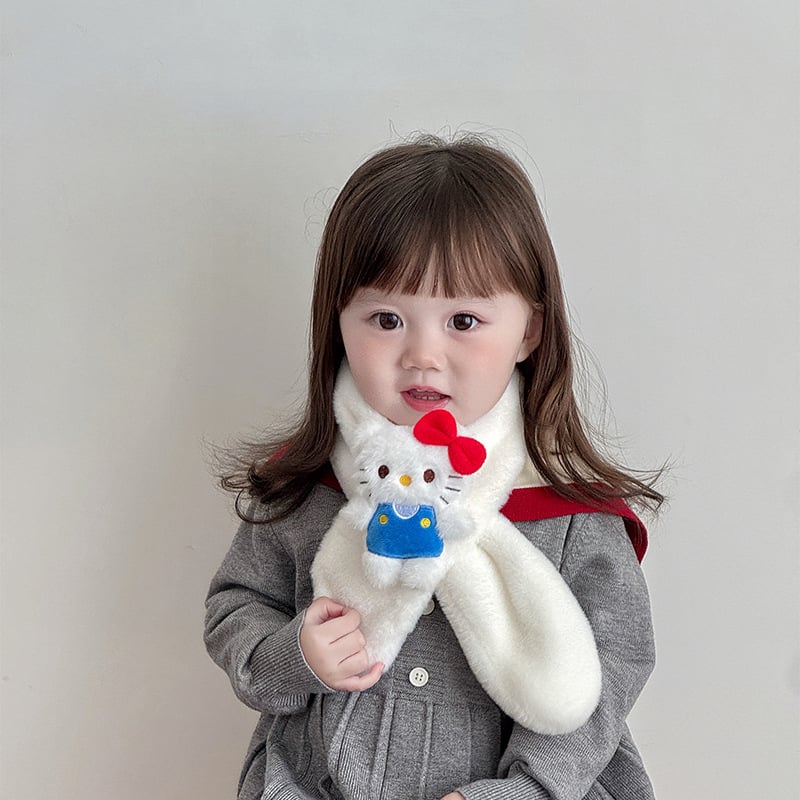 Παιδικό βελούδινο κασκόλ με μοτίβο γάτας σε στυλ καρτούν, μονοχρωμικός σχεδιασμός, σατέν υφή, μεσαίο μήκος