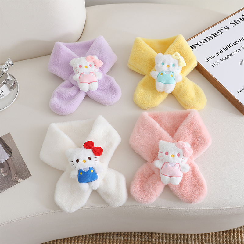 Παιδικό βελούδινο κασκόλ με μοτίβο γάτας σε στυλ καρτούν, μονοχρωμικός σχεδιασμός, σατέν υφή, μεσαίο μήκος