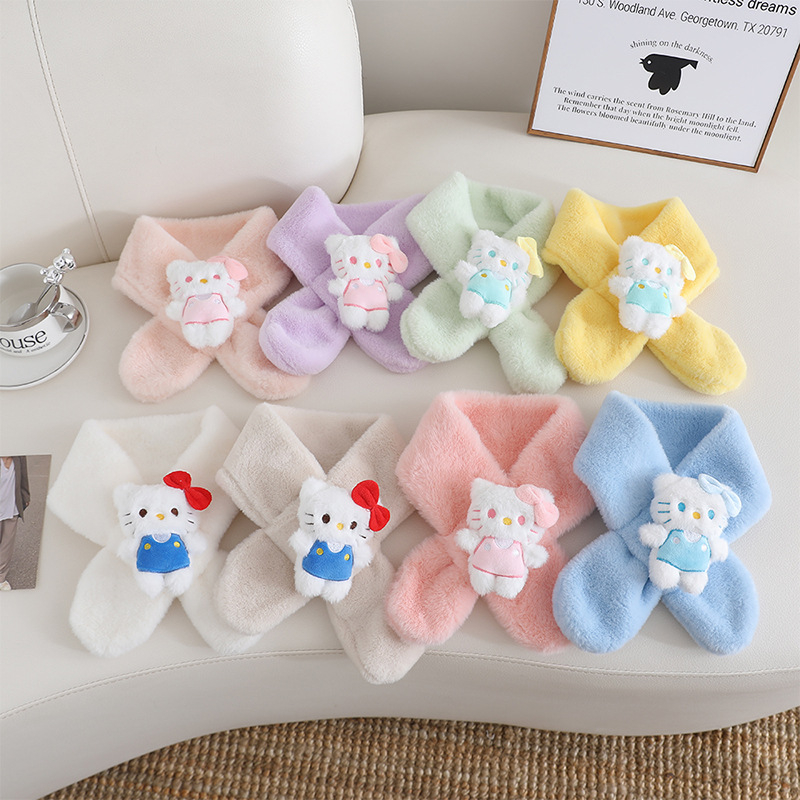 Παιδικό βελούδινο κασκόλ με μοτίβο γάτας σε στυλ καρτούν, μονοχρωμικός σχεδιασμός, σατέν υφή, μεσαίο μήκος