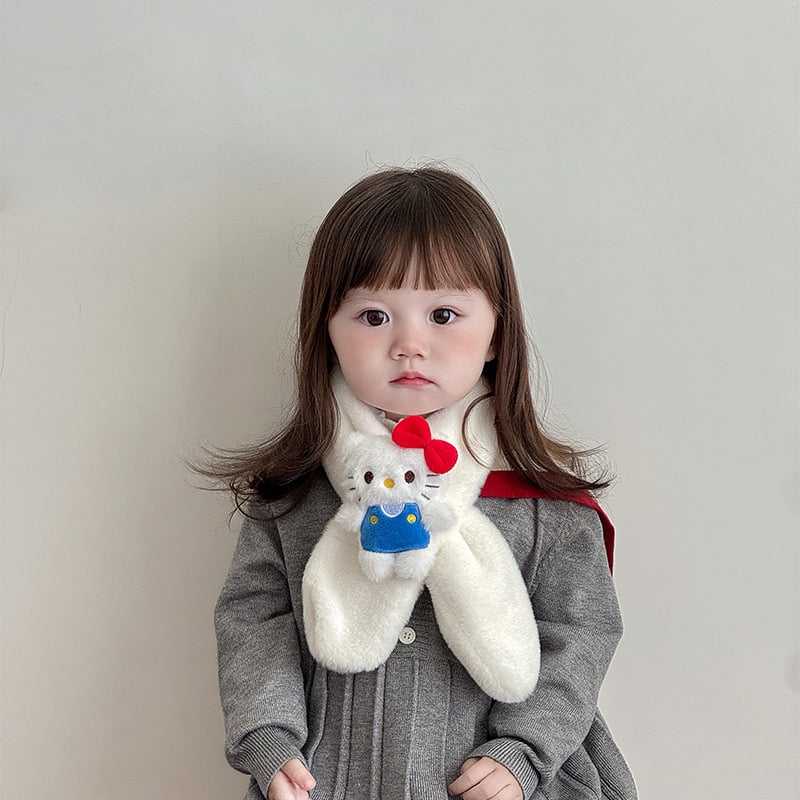 Παιδικό βελούδινο κασκόλ με μοτίβο γάτας σε στυλ καρτούν, μονοχρωμικός σχεδιασμός, σατέν υφή, μεσαίο μήκος