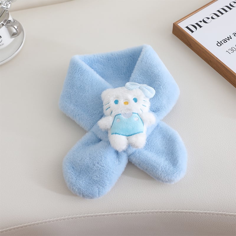 Παιδικό βελούδινο κασκόλ με μοτίβο γάτας σε στυλ καρτούν, μονοχρωμικός σχεδιασμός, σατέν υφή, μεσαίο μήκος