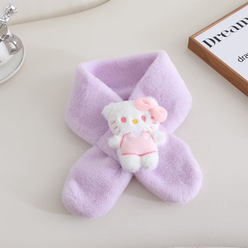 Παιδικό βελούδινο κασκόλ με μοτίβο γάτας σε στυλ καρτούν, μονοχρωμικός σχεδιασμός, σατέν υφή, μεσαίο μήκος