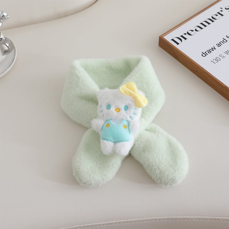 Παιδικό βελούδινο κασκόλ με μοτίβο γάτας σε στυλ καρτούν, μονοχρωμικός σχεδιασμός, σατέν υφή, μεσαίο μήκος