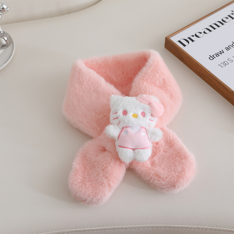 Παιδικό βελούδινο κασκόλ με μοτίβο γάτας σε στυλ καρτούν, μονοχρωμικός σχεδιασμός, σατέν υφή, μεσαίο μήκος