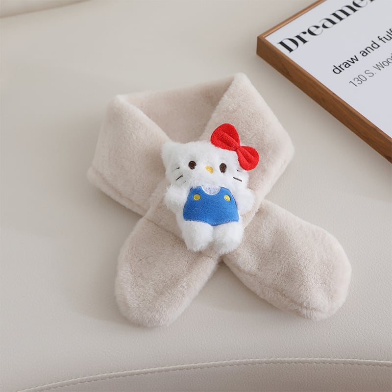 Παιδικό βελούδινο κασκόλ με μοτίβο γάτας σε στυλ καρτούν, μονοχρωμικός σχεδιασμός, σατέν υφή, μεσαίο μήκος