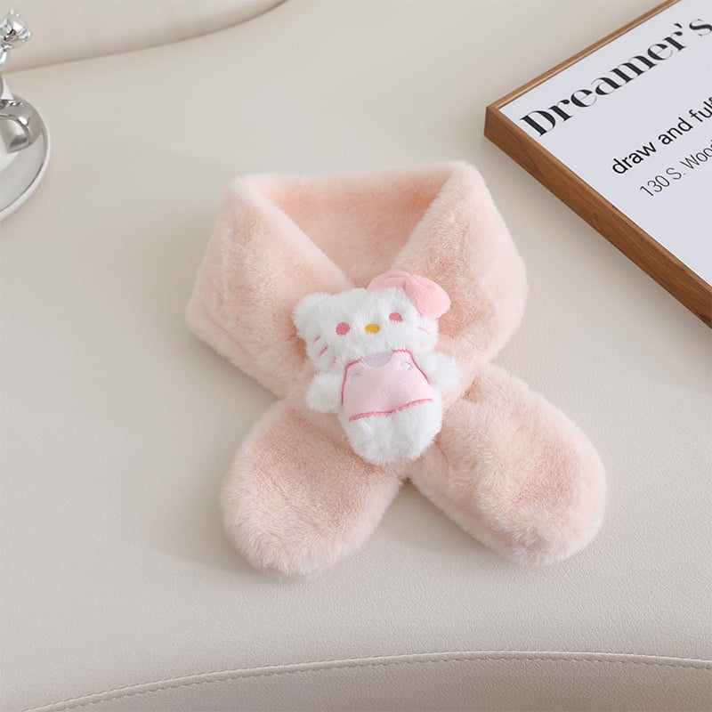 Παιδικό βελούδινο κασκόλ με μοτίβο γάτας σε στυλ καρτούν, μονοχρωμικός σχεδιασμός, σατέν υφή, μεσαίο μήκος