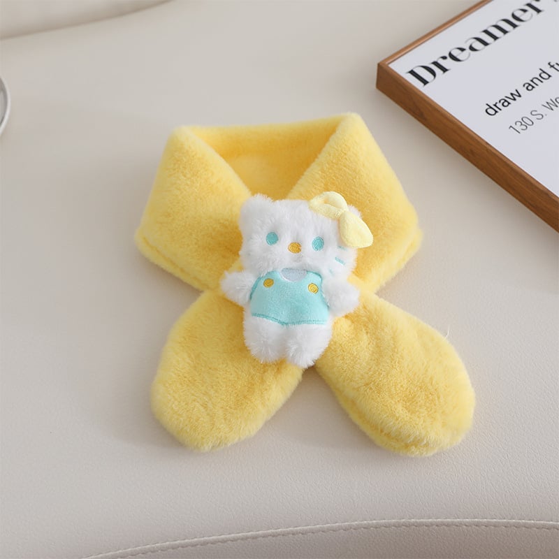 Παιδικό βελούδινο κασκόλ με μοτίβο γάτας σε στυλ καρτούν, μονοχρωμικός σχεδιασμός, σατέν υφή, μεσαίο μήκος