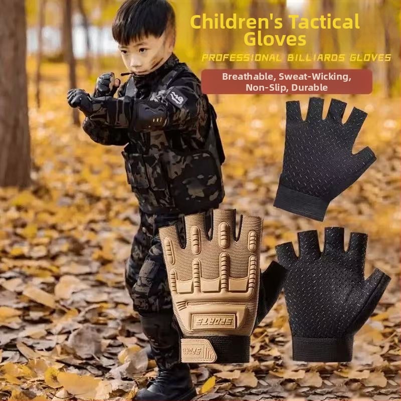 Παιδικά τακτικά γάντια με μισά δάχτυλα – Unisex, ανάγλυφα, αντιολισθητικά, αθλητικό στυλ, ηλικίες 4–15 ετών, καλοκαίρι/άνοιξη/φθινόπωρο