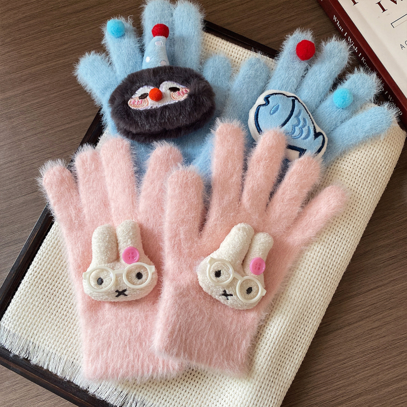 Γυναικεία χειμερινά γάντια από μαλλί με βελούδινη επένδυση, συμβατά με οθόνη αφής, σχέδιο καρτούν, αυθεντικός σχεδιασμός