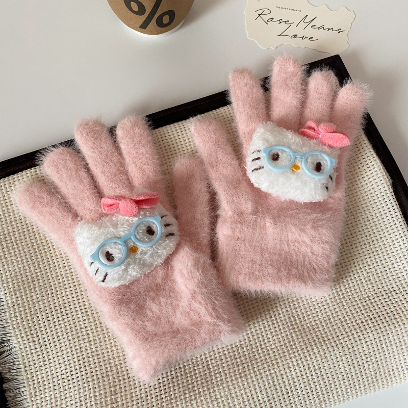 Γυναικεία χειμερινά γάντια από μαλλί με βελούδινη επένδυση, συμβατά με οθόνη αφής, σχέδιο καρτούν, αυθεντικός σχεδιασμός