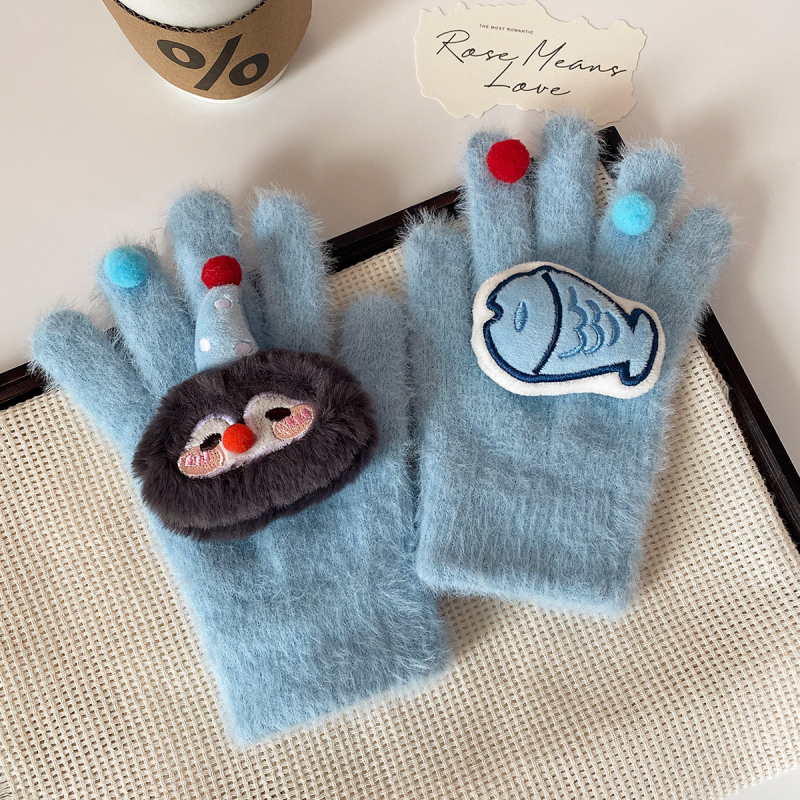 Γυναικεία χειμερινά γάντια από μαλλί με βελούδινη επένδυση, συμβατά με οθόνη αφής, σχέδιο καρτούν, αυθεντικός σχεδιασμός