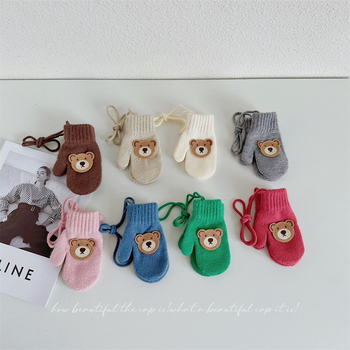 Παιδικά γάντια μαλλί με σχέδιο αρκούδας, πλεκτά για τον χειμώνα, ηλικία 1-4 ετών