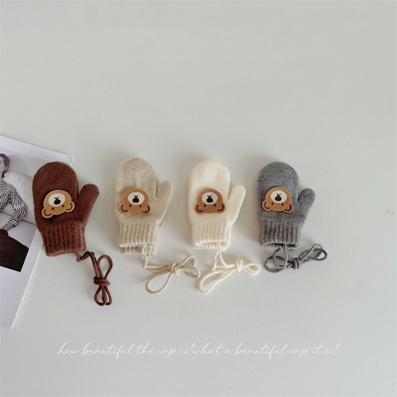 Παιδικά γάντια μαλλί με σχέδιο αρκούδας, πλεκτά για τον χειμώνα, ηλικία 1-4 ετών