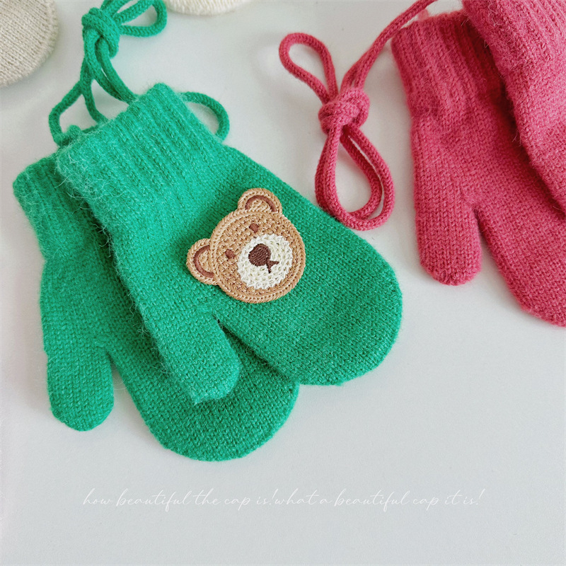 Παιδικά γάντια μαλλί με σχέδιο αρκούδας, πλεκτά για τον χειμώνα, ηλικία 1-4 ετών