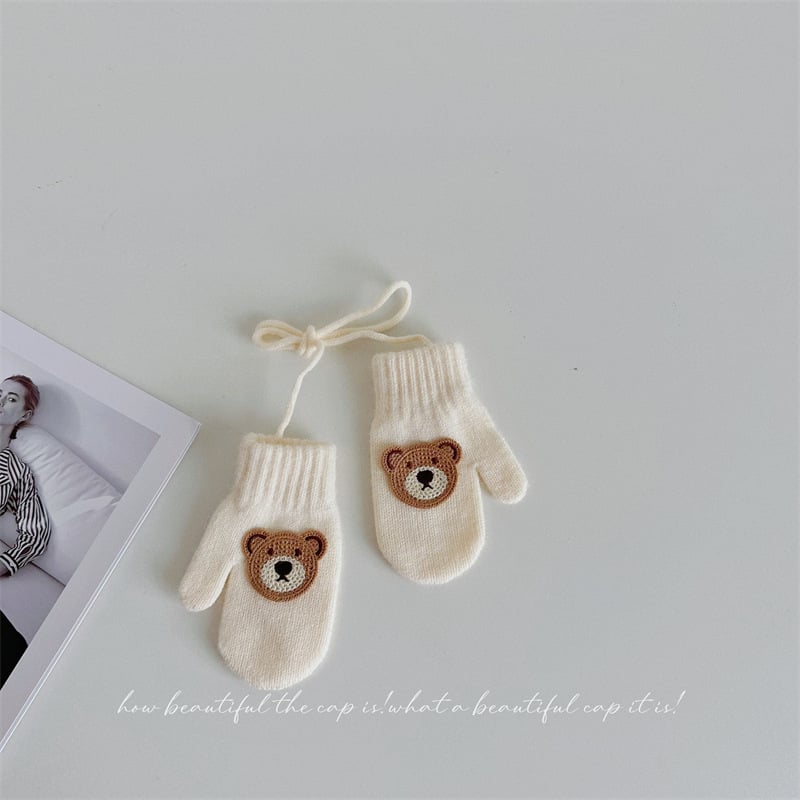 Παιδικά γάντια μαλλί με σχέδιο αρκούδας, πλεκτά για τον χειμώνα, ηλικία 1-4 ετών