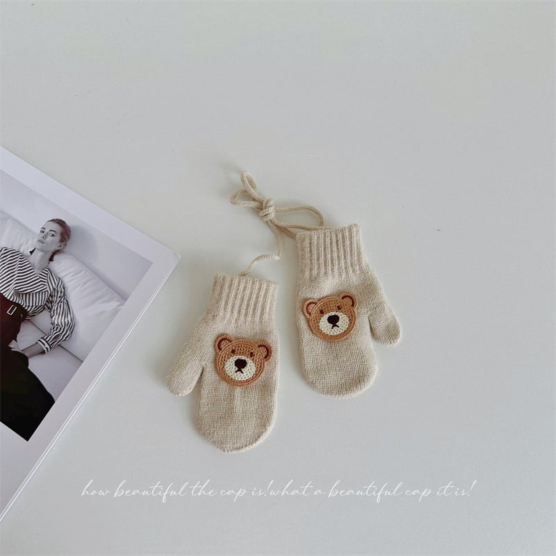 Παιδικά γάντια μαλλί με σχέδιο αρκούδας, πλεκτά για τον χειμώνα, ηλικία 1-4 ετών