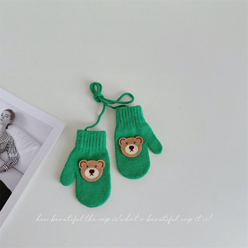 Παιδικά γάντια μαλλί με σχέδιο αρκούδας, πλεκτά για τον χειμώνα, ηλικία 1-4 ετών