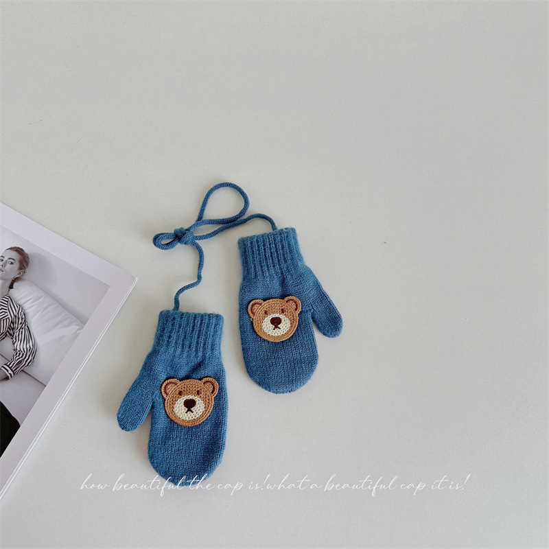 Παιδικά γάντια μαλλί με σχέδιο αρκούδας, πλεκτά για τον χειμώνα, ηλικία 1-4 ετών