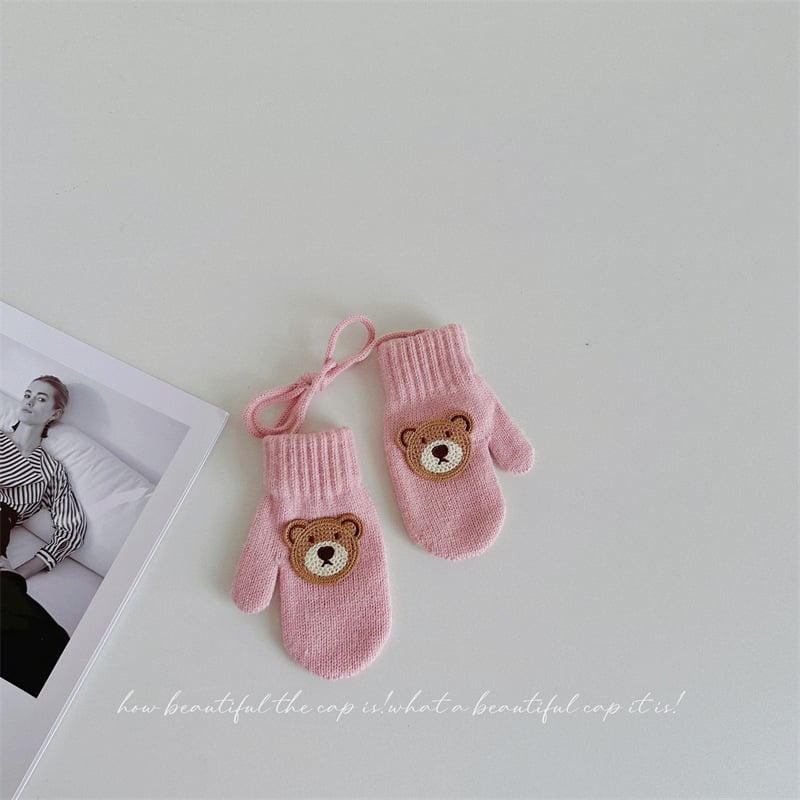 Παιδικά γάντια μαλλί με σχέδιο αρκούδας, πλεκτά για τον χειμώνα, ηλικία 1-4 ετών