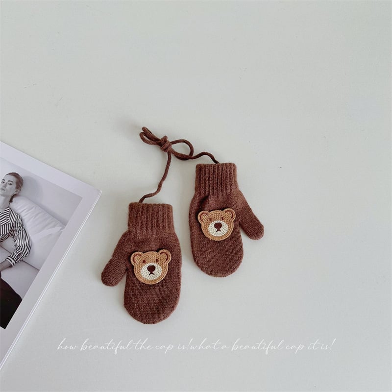 Παιδικά γάντια μαλλί με σχέδιο αρκούδας, πλεκτά για τον χειμώνα, ηλικία 1-4 ετών