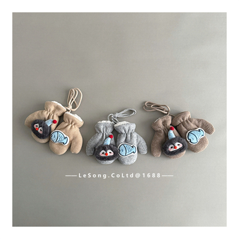 Dječje zimske rukavice s dizajnom pingvina, pletene, tie-dye, unisex, korejski stil s podijeljenim prstima, zadržavaju toplinu, uzrast 1–6 godina