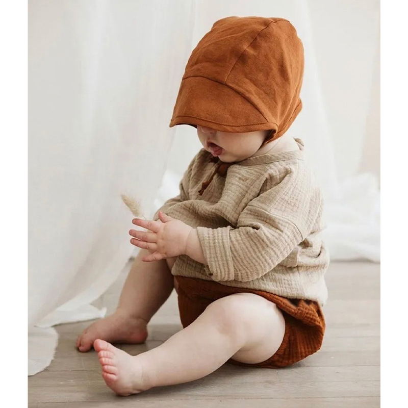 Dječja kapa za zaštitu od sunca s zaštitom za uši, kupolasti stil, prozračna mješavina lana i viskoze, kratka rubna rubnica, ljeto 2025