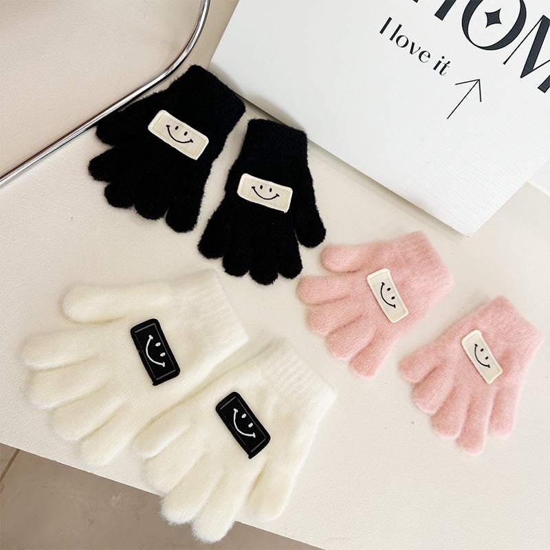 Παιδικές πλεκτές γάντες με πέντε δάχτυλα, σχέδιο με χαμόγελο, ζεστές, unisex