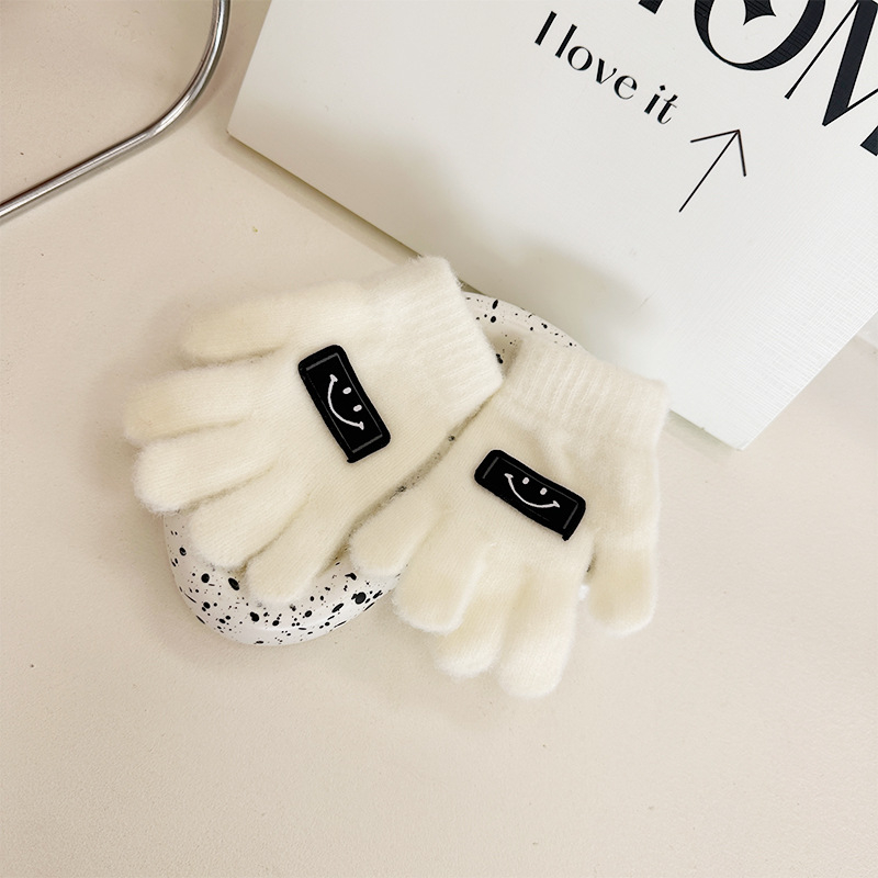 Παιδικές πλεκτές γάντες με πέντε δάχτυλα, σχέδιο με χαμόγελο, ζεστές, unisex