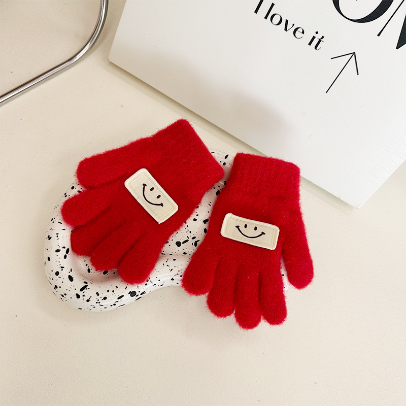 Παιδικές πλεκτές γάντες με πέντε δάχτυλα, σχέδιο με χαμόγελο, ζεστές, unisex