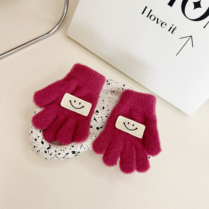 Παιδικές πλεκτές γάντες με πέντε δάχτυλα, σχέδιο με χαμόγελο, ζεστές, unisex