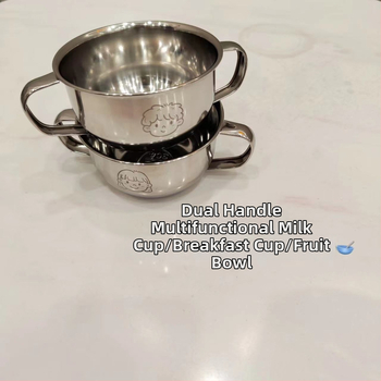 Vaikų dubuo iš 304 nerūdijančio plieno su dvigubomis rankenėlėmis, maisto kokybės, mikrobangų krosnelė saugi, apvalios formos, skirtas valgymams