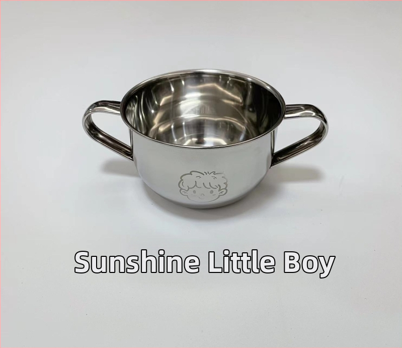 Vaikų dubuo iš 304 nerūdijančio plieno su dvigubomis rankenėlėmis, maisto kokybės, mikrobangų krosnelė saugi, apvalios formos, skirtas valgymams