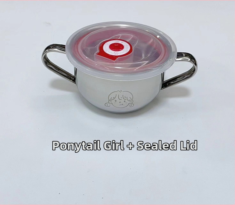 Vaikų dubuo iš 304 nerūdijančio plieno su dvigubomis rankenėlėmis, maisto kokybės, mikrobangų krosnelė saugi, apvalios formos, skirtas valgymams