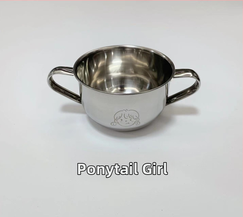 Vaikų dubuo iš 304 nerūdijančio plieno su dvigubomis rankenėlėmis, maisto kokybės, mikrobangų krosnelė saugi, apvalios formos, skirtas valgymams