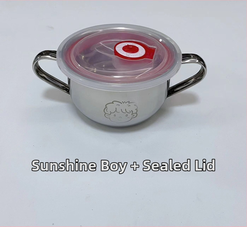 Vaikų dubuo iš 304 nerūdijančio plieno su dvigubomis rankenėlėmis, maisto kokybės, mikrobangų krosnelė saugi, apvalios formos, skirtas valgymams