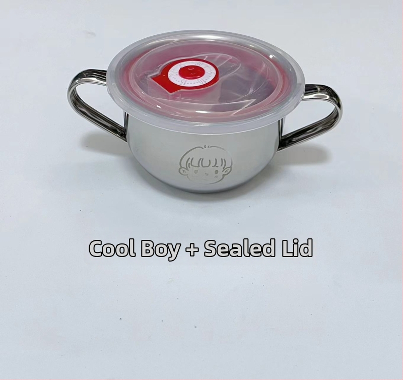 Vaikų dubuo iš 304 nerūdijančio plieno su dvigubomis rankenėlėmis, maisto kokybės, mikrobangų krosnelė saugi, apvalios formos, skirtas valgymams