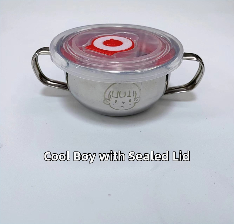 Vaikų dubuo iš 304 nerūdijančio plieno su dvigubomis rankenėlėmis, maisto kokybės, mikrobangų krosnelė saugi, apvalios formos, skirtas valgymams