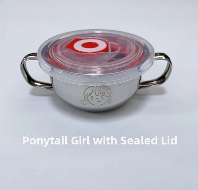 Vaikų dubuo iš 304 nerūdijančio plieno su dvigubomis rankenėlėmis, maisto kokybės, mikrobangų krosnelė saugi, apvalios formos, skirtas valgymams