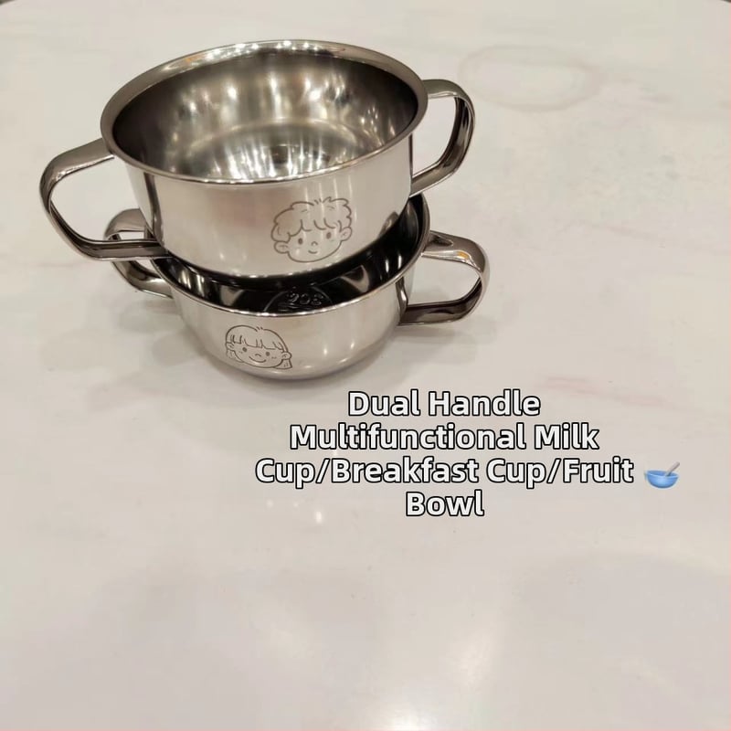 Vaikų dubuo iš 304 nerūdijančio plieno su dvigubomis rankenėlėmis, maisto kokybės, mikrobangų krosnelė saugi, apvalios formos, skirtas valgymams