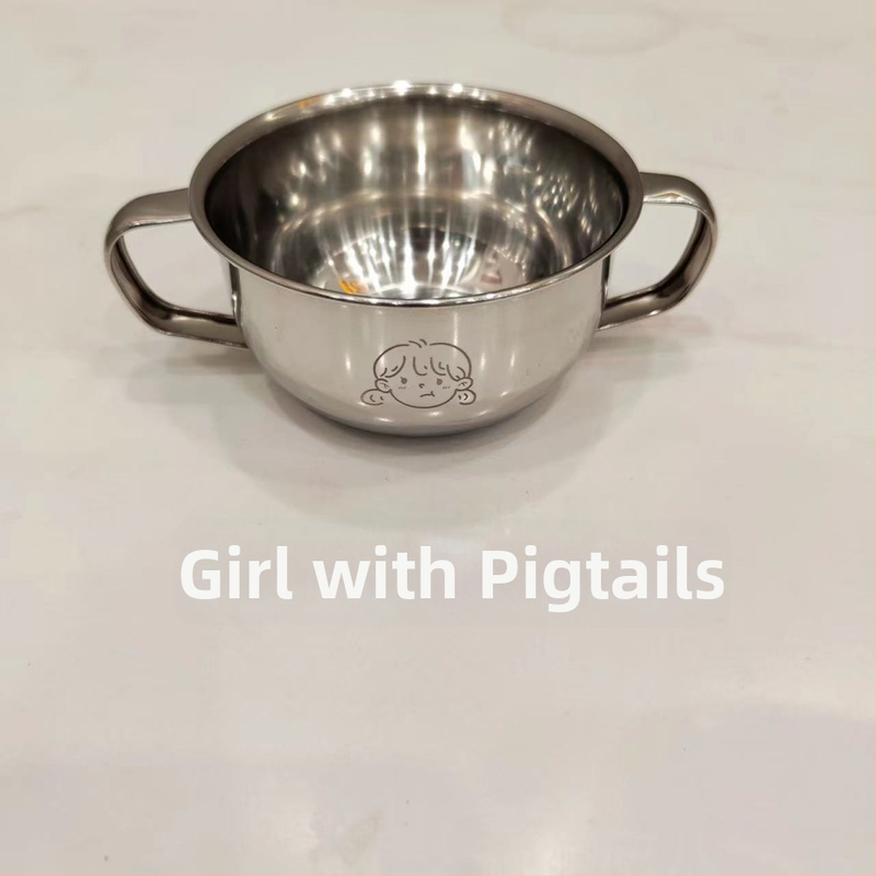 Vaikų dubuo iš 304 nerūdijančio plieno su dvigubomis rankenėlėmis, maisto kokybės, mikrobangų krosnelė saugi, apvalios formos, skirtas valgymams