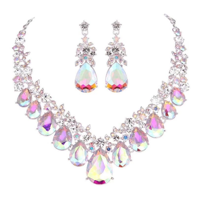 Vjenčani set nakita: ogrlica i naušnice s motivom kapljice vode, stakleni perli, O-lanac, privjesak od legure, proljeće 2023