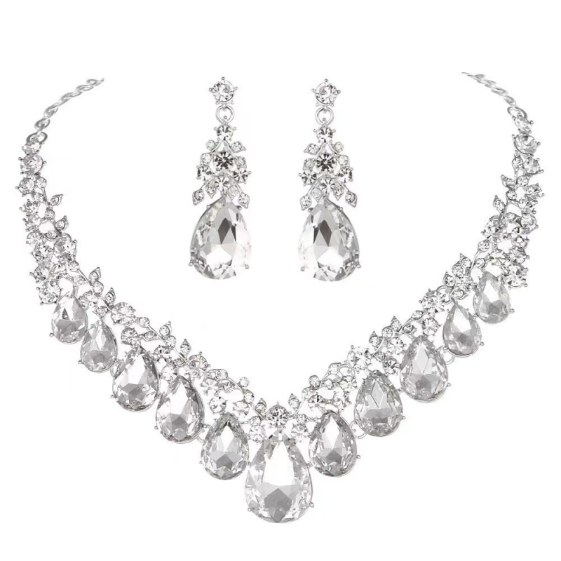 Vjenčani set nakita: ogrlica i naušnice s motivom kapljice vode, stakleni perli, O-lanac, privjesak od legure, proljeće 2023