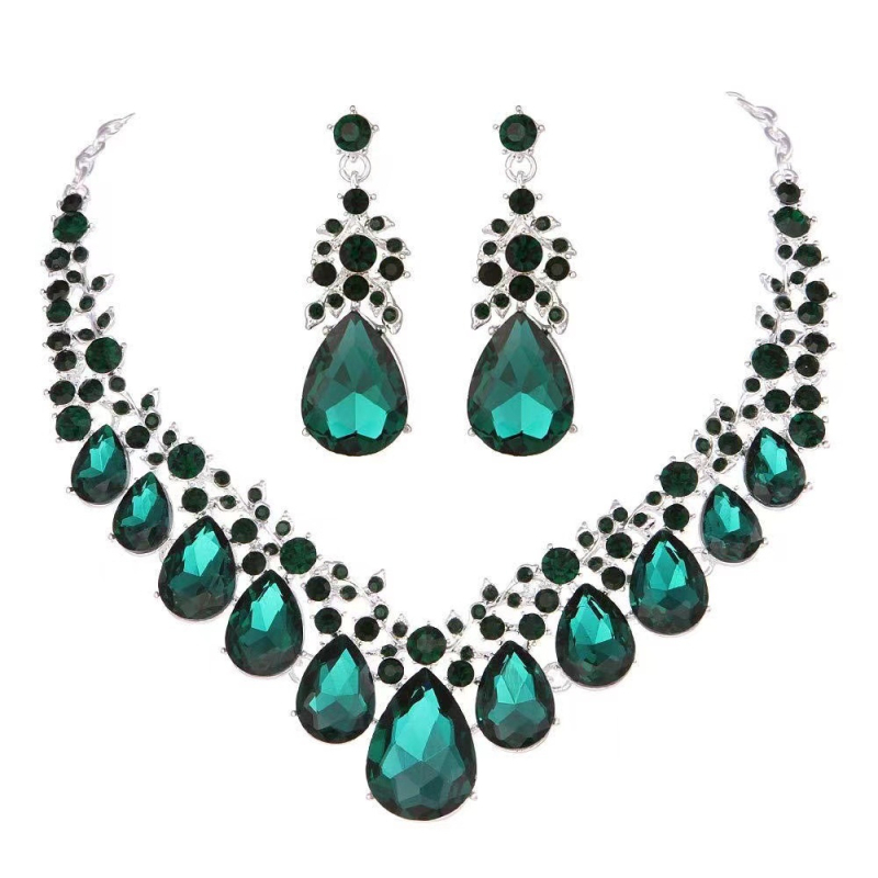 Vjenčani set nakita: ogrlica i naušnice s motivom kapljice vode, stakleni perli, O-lanac, privjesak od legure, proljeće 2023