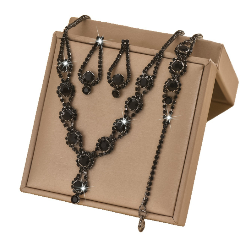 Esküvői ékszerszett: réz nyaklánc, fülbevaló és karkötő karomlánccal, rhinestone medálok; elektroplating felületkezelés; minta kis állatok