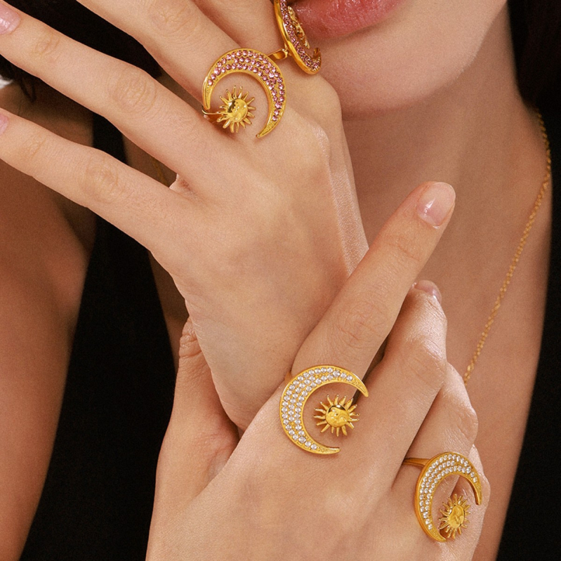 Cirkón gyűrű és nyaklánc készlet titánacécből, elektroplatírozás 18K aranyozás